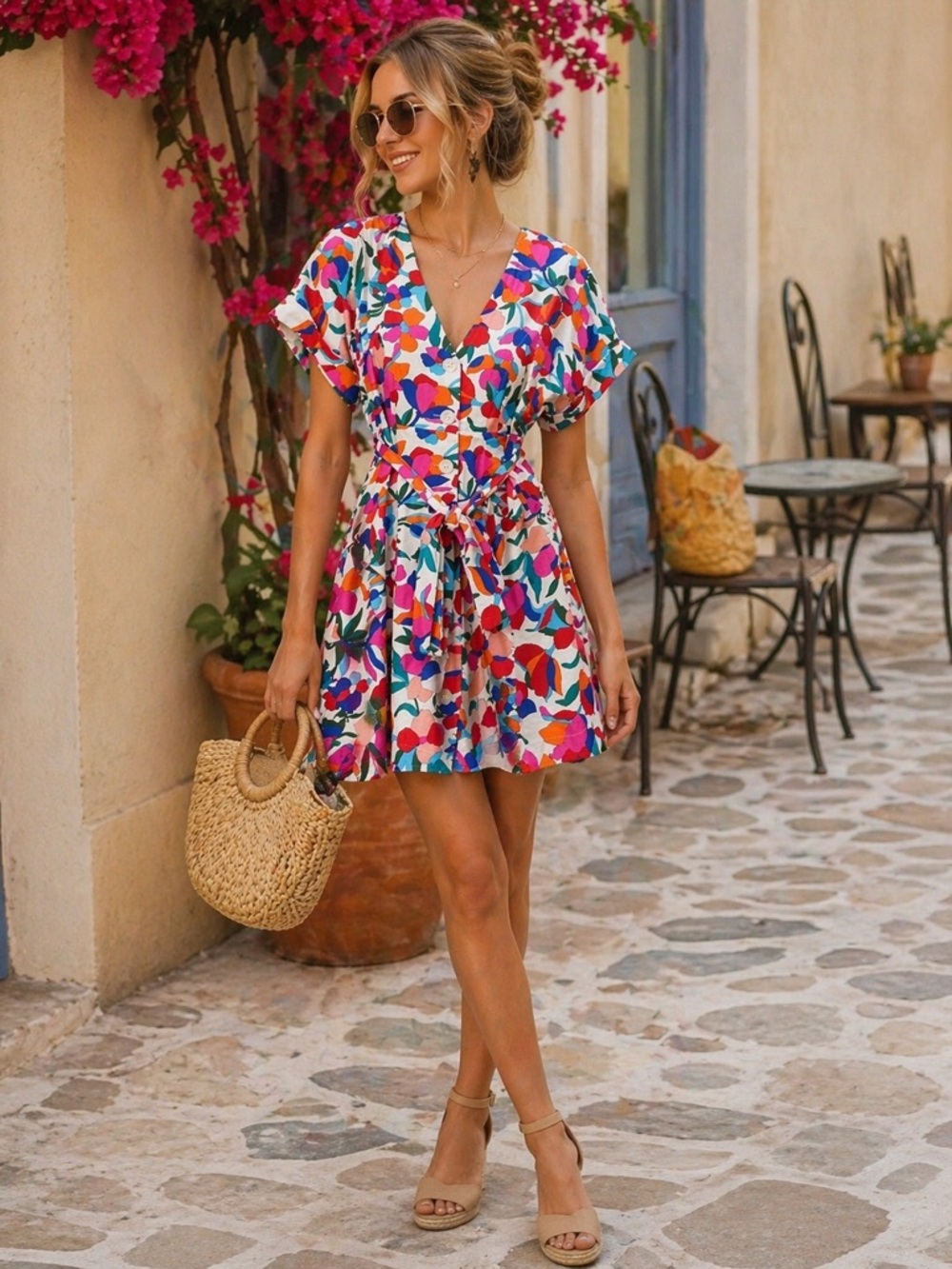 Karlie Floral Mini Dress Small Tie Waist Button Front Boho Summer
